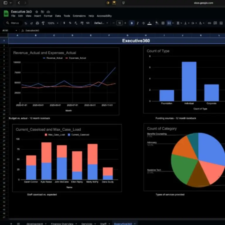 Photo shows a screenshot of a dashboard created in Google Sheets. The top left quadrant features a line graph titled Revenue Versus Expenses. Top right quadrant features a bar chart highlighting sources of funding. Bottom left quadrant has a stacked bar chart highlighting current case load versus expected. The bottom right quadrant has a pie chart showing the various services provided by the nonprofit and percentage of overall services they represent as provided by the agency over the last 12 months.