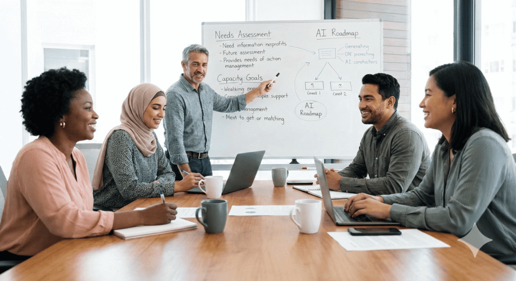The photo features a man in a blue button down shirt standing at the head of a table pointing at text on a screen. There are four other people; two men and two women, sitting at the table. There are laptops, papers, and pens on the table in an office setting.