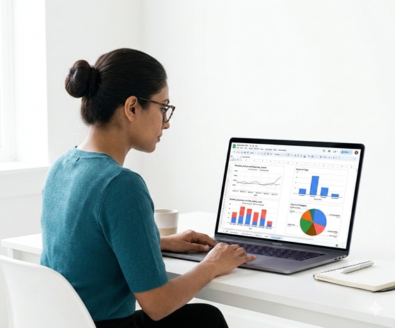 A woman sits at a laptop looking at the screen. The screen features a view of the Executive360 dashboard which includes colorful illustrations of pie charts, line graphs and a double bar chart.