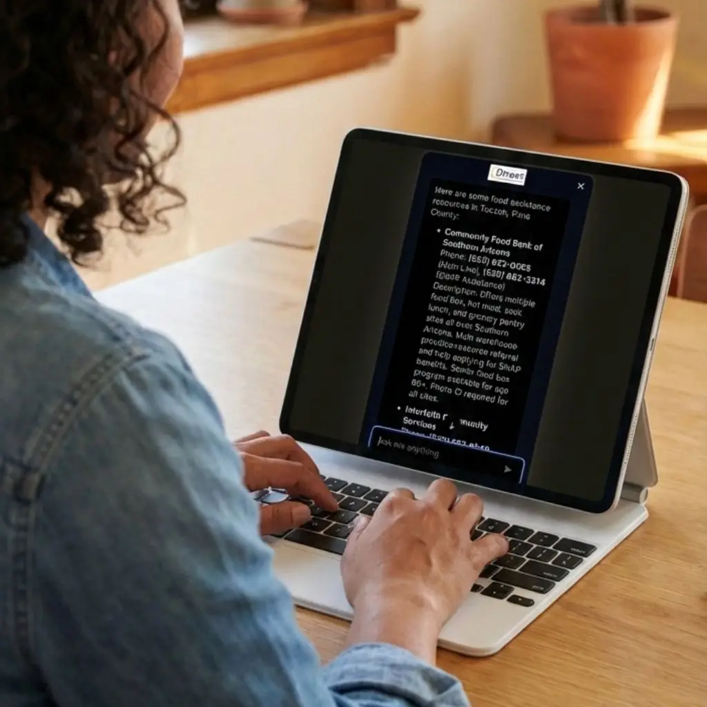 A photo of a person seated at a wooden desk using a tablet with a keyboard. On the screen, the Direct chatbot lists food assistance resources in Tucson and Pima County, including the Community Food Bank of Southern Arizona with phone numbers and a description of available programs.