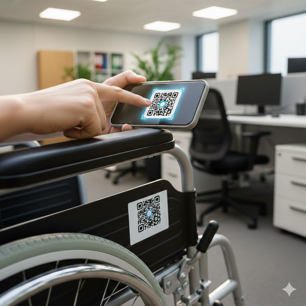 A photo taken in an office setting featuring a hand holding a smart phone scanning a QR code that is attached to a manual wheelchair. They are scanning the QR code to remove the item from inventory.