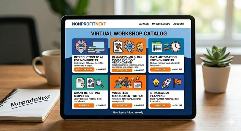 Photo shows a computer monitor sitting on a desk with a plant on the right and a pad of paper on the left. The monitor shows six blocks that highlight possible workshop topics including "Introduction to AI for Nonprofits, Developing an AI Use Policy for your Organization, Data Automation for Nonprofits, Grant Reporting Simplified, Volunteer Management With AI, and Strategic AI Planning."