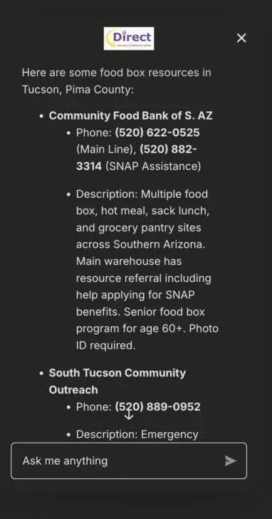 A screenshot of the chatbot continuing the conversation with an individual looking for help finding a food box. The screen shows a list of resources the chatbot provided. This includes the name of the organization, contact information, and a brief summary of available services.