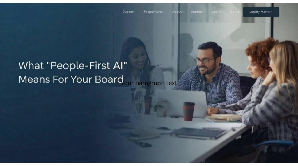 A photo of four individuals sitting at a table with a laptop and coffee cups in front of them. There are two men and two women. The image fades to a dark blue on the left with white writing that says, What "People-First AI" Means For Your Board.