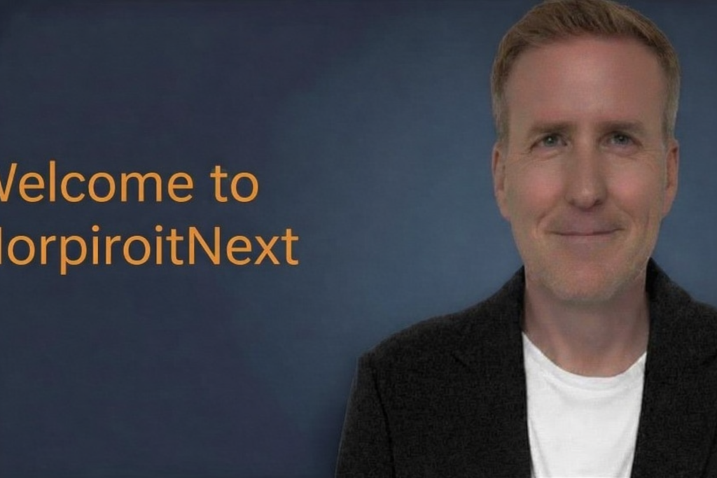 Graphic with a dark blue background. Orange text on left says Welcome to NonprofitNext. The right side of the graphic shows a photo of Larry wearing a white shirt and black jacket. he has brown/gray hair and the background is the same dark blue.