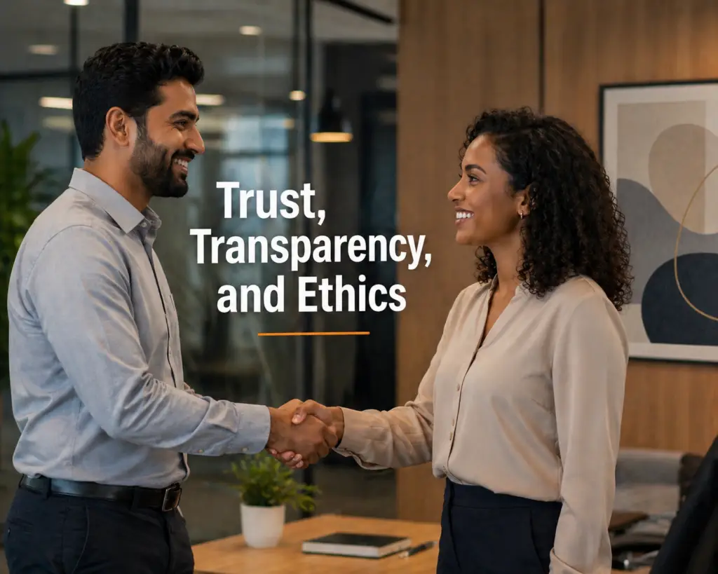 The Risks of AI Use Go Further Than You Think 2 A man and woman dressed in business attire are in an office setting shaking hands with one another. The words "Trust, Transparency, and Ethics" are in bold white letters above their hands between them.