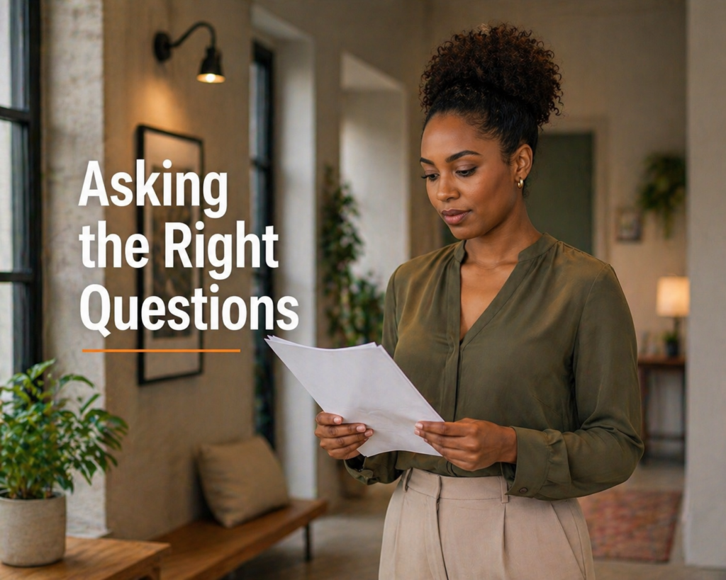A woman is in the hallway of an office suite holding papers in her hands that she is reading. White text in large font on the left side of the photo says, "Asking the Right Questions."