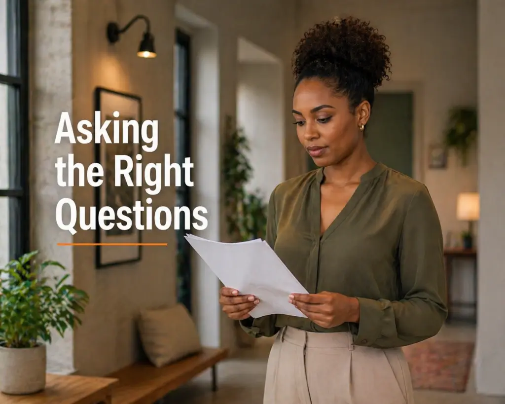 What Should Your Nonprofit AI Use Policy Actually Cover? 1 A woman is in the hallway of an office suite holding papers in her hands that she is reading. White text in large font on the left side of the photo says, "Asking the Right Questions."