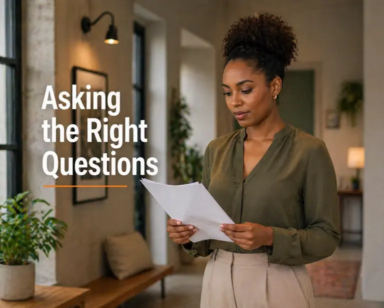 A woman is in the hallway of an office suite holding papers in her hands that she is reading. White text in large font on the left side of the photo says, "Asking the Right Questions."