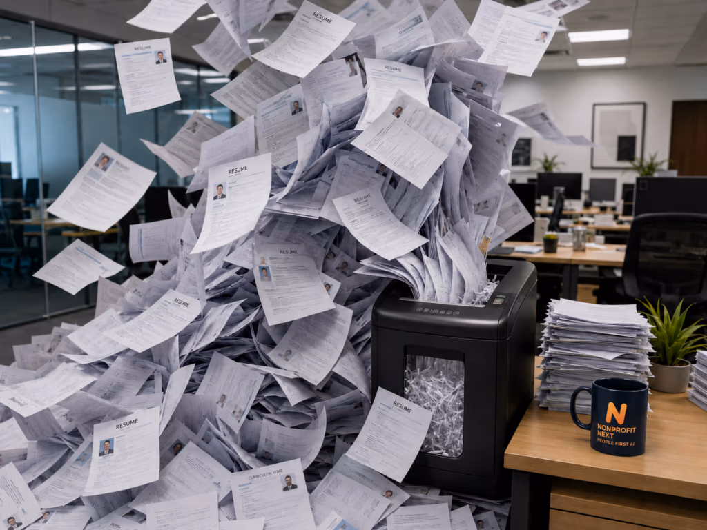 AI in Nonprofit Hiring: Why Keep It Out of the Decision 9 An image featuring dozens of resumes flowing toward and over a trash can in an office setting. The top of a desk appears in the lower right corner with a coffee cup showing the NonprofitNext logo in navy blue, orange, and gold.