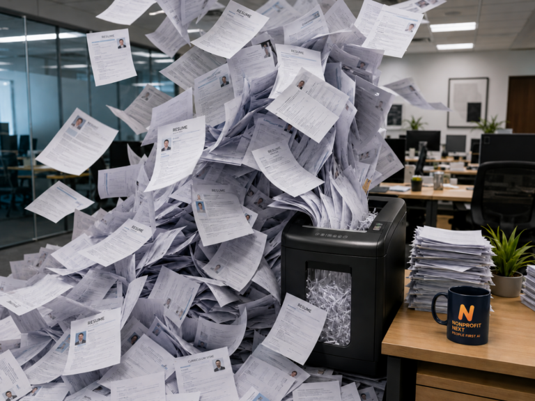 An image featuring dozens of resumes flowing toward and over a trash can in an office setting. The top of a desk appears in the lower right corner with a coffee cup showing the NonprofitNext logo in navy blue, orange, and gold.