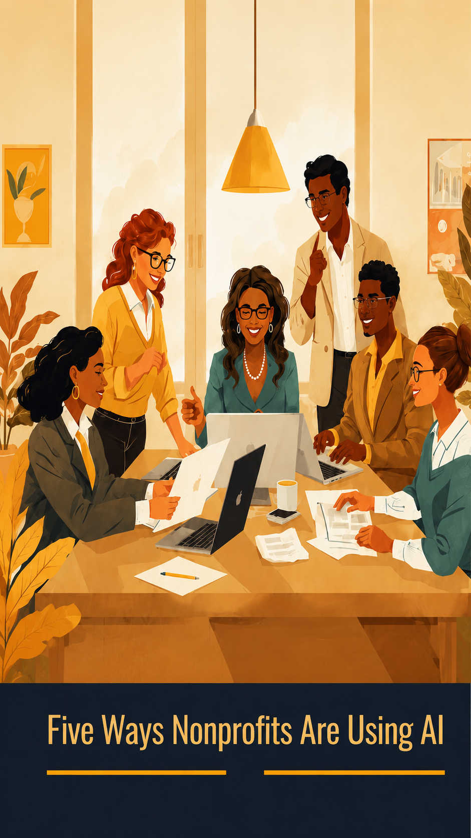Illustrated graphic showing six diverse nonprofit staff members collaborating around a table with laptops and documents in a warmly lit office setting. A caption at the bottom reads: Five Ways Nonprofits Are Using AI. The five use cases — case notes, grant writing, donor communications, data dashboards, and information and referral — are described in the text on this page.