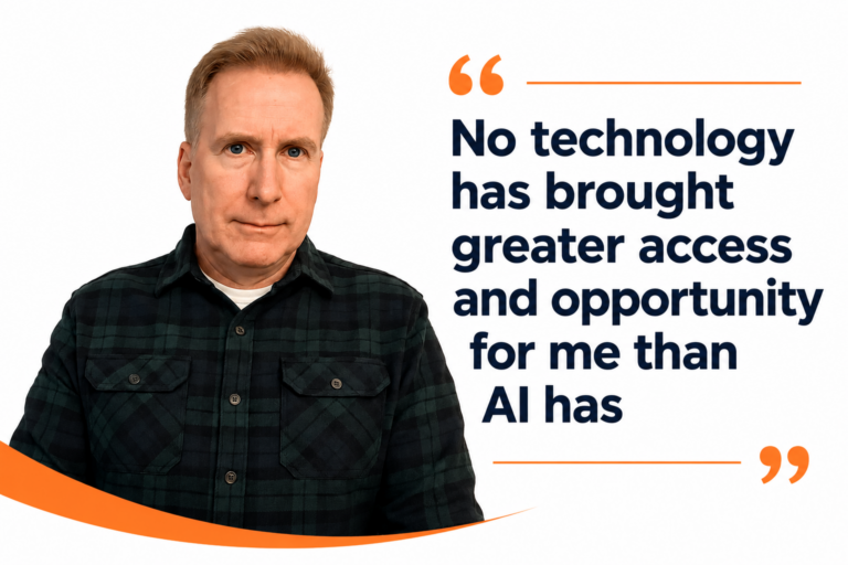 Larry Wanger, founder of NonprofitNext, beside a quote reading: No technology has brought greater access and opportunity for me than AI has.