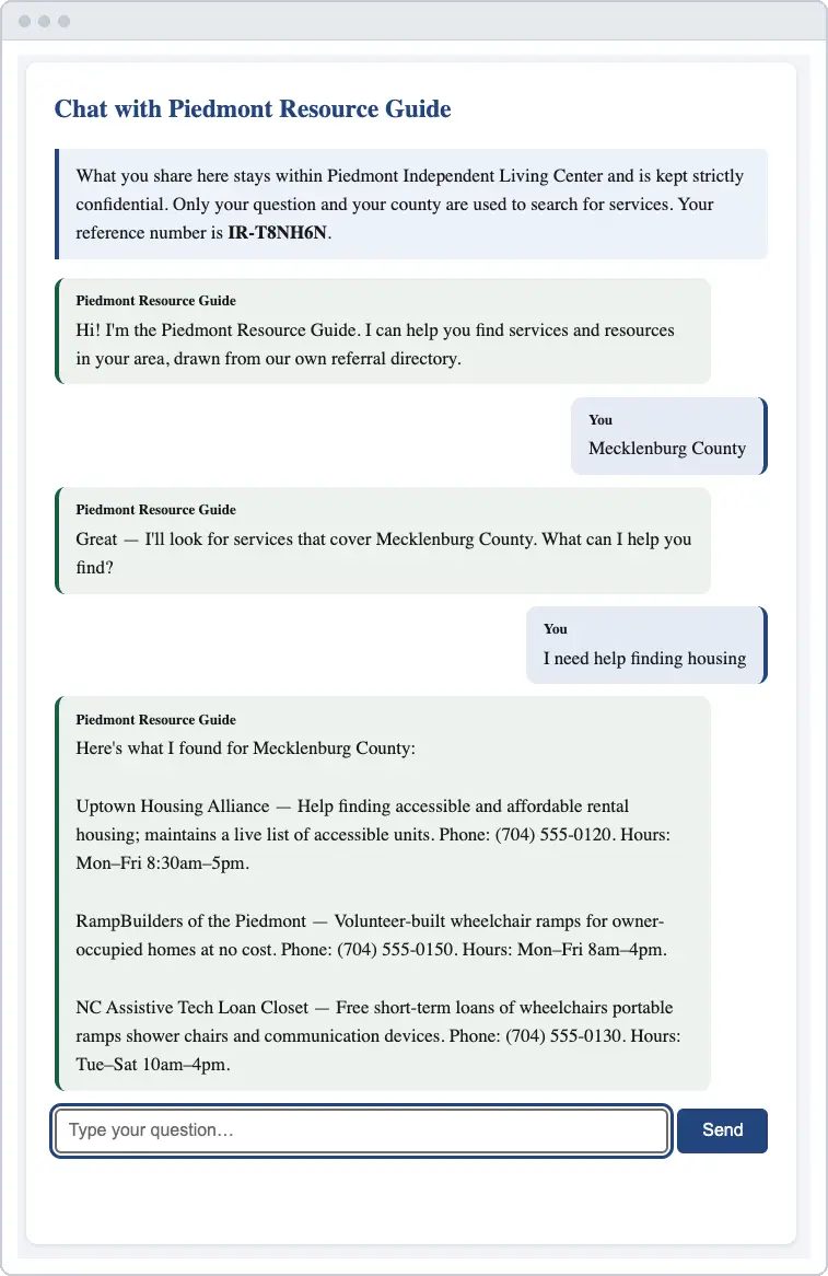 AI Knowledge and Resource Assistant for Nonprofits 1 An AI assistant for nonprofits in a full chat conversation with a demonstration resource guide: a visitor asks about housing help, and the assistant lists local programs with eligibility stated first.