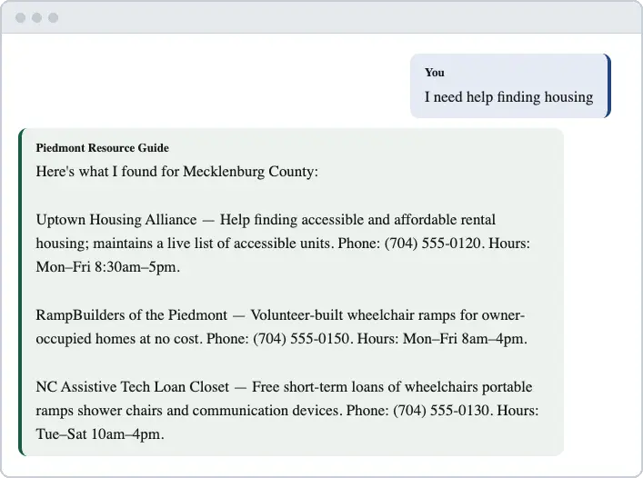 Home 6 Chat conversation with a demonstration resource guide. A visitor writes I need help finding housing, and the assistant replies with three matching services, each with a description, phone number, and hours.