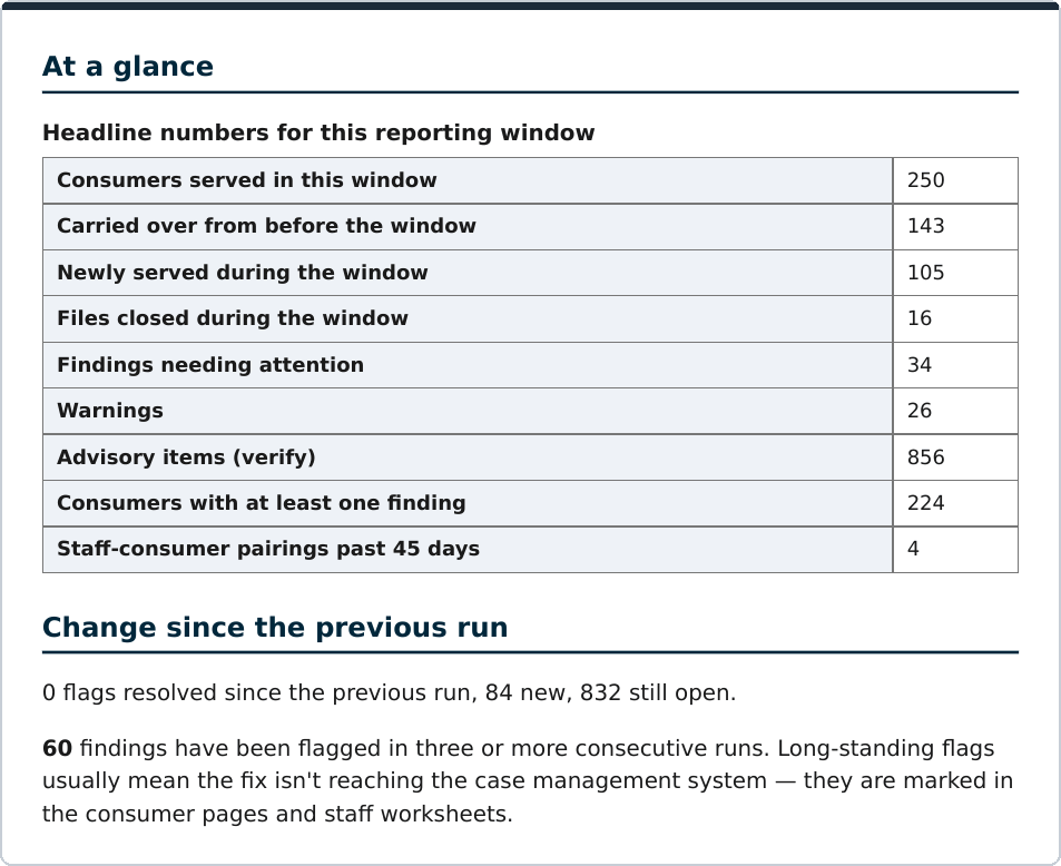Home 8 An agency data quality summary table showing 250 consumers served, 143 carried over, 105 newly served, 34 findings needing attention, 26 warnings, 856 advisory items, and 224 consumers with at least one finding, followed by change since the previous run noting 60 findings flagged in three or more consecutive runs.