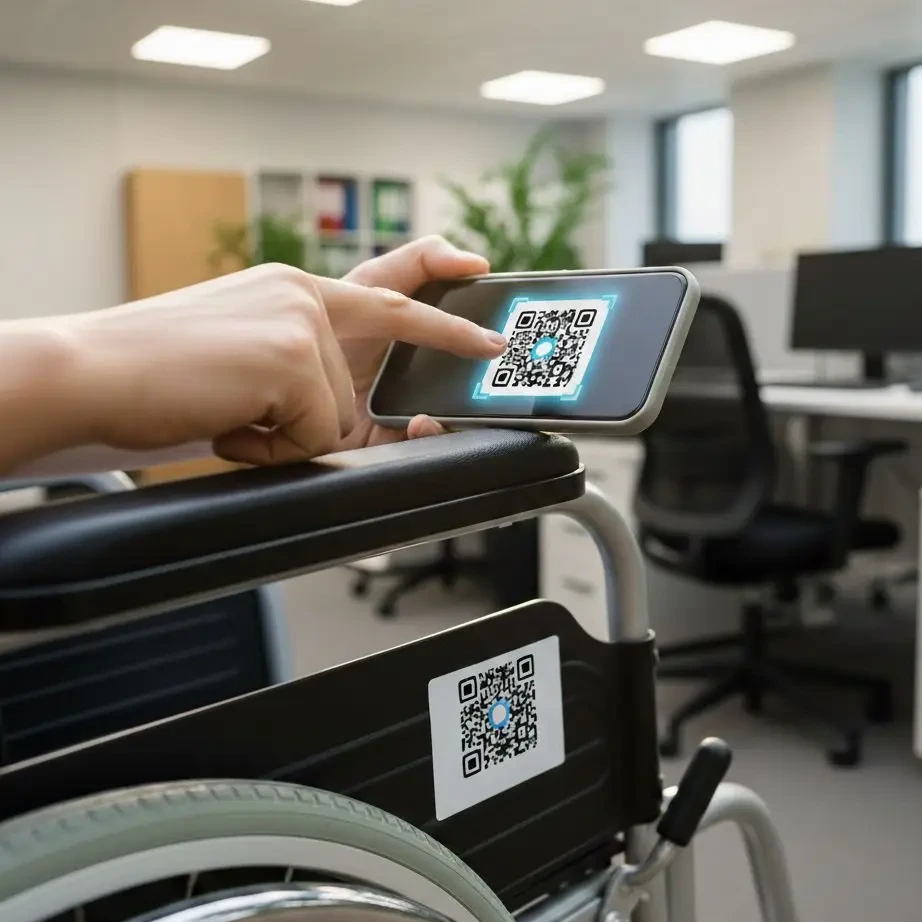 Home 9 A staff member scans the QR code label on a wheelchair with their phone to check the device out of the loan closet.