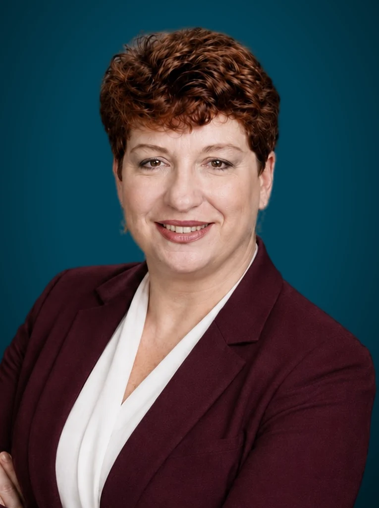 Laura Jones Mitchell, a woman with short curly auburn hair, smiling with her arms crossed, wearing a burgundy blazer over a white blouse and pearl earrings, against a dark teal background.